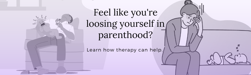 Themes of Therapy- Therapy Services in Henderson Nevada -- How can Therapy help with you are loosing yourself in Parenthood? -- Image of a mother struggling with motherhood and a father struggling with fatherhood. text states "Feel like you're loosing yourself in parenthood? Learn how therapy can help."
