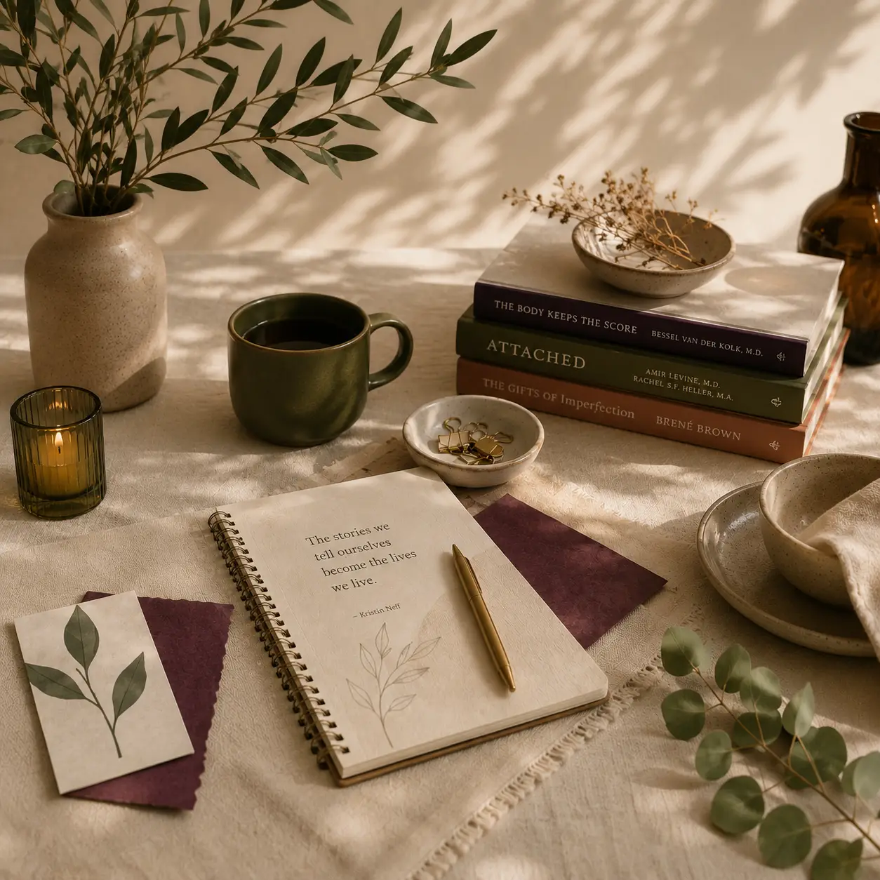 table with journal, coffee cup, and books on attachment