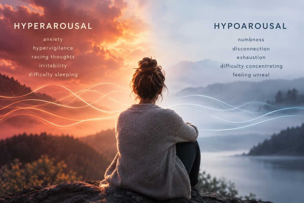 Illustration comparing hyperarousal and hypoarousal trauma responses, including anxiety, hypervigilance, emotional numbness, and disconnection.